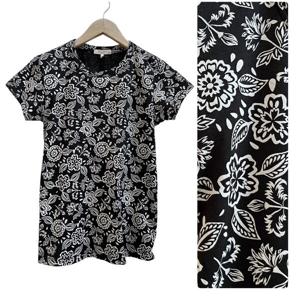 Rag & Bone Cotton Black White All Over Floral Print Crew Neck Tee Shirt Size XS - Picture 1 of 9